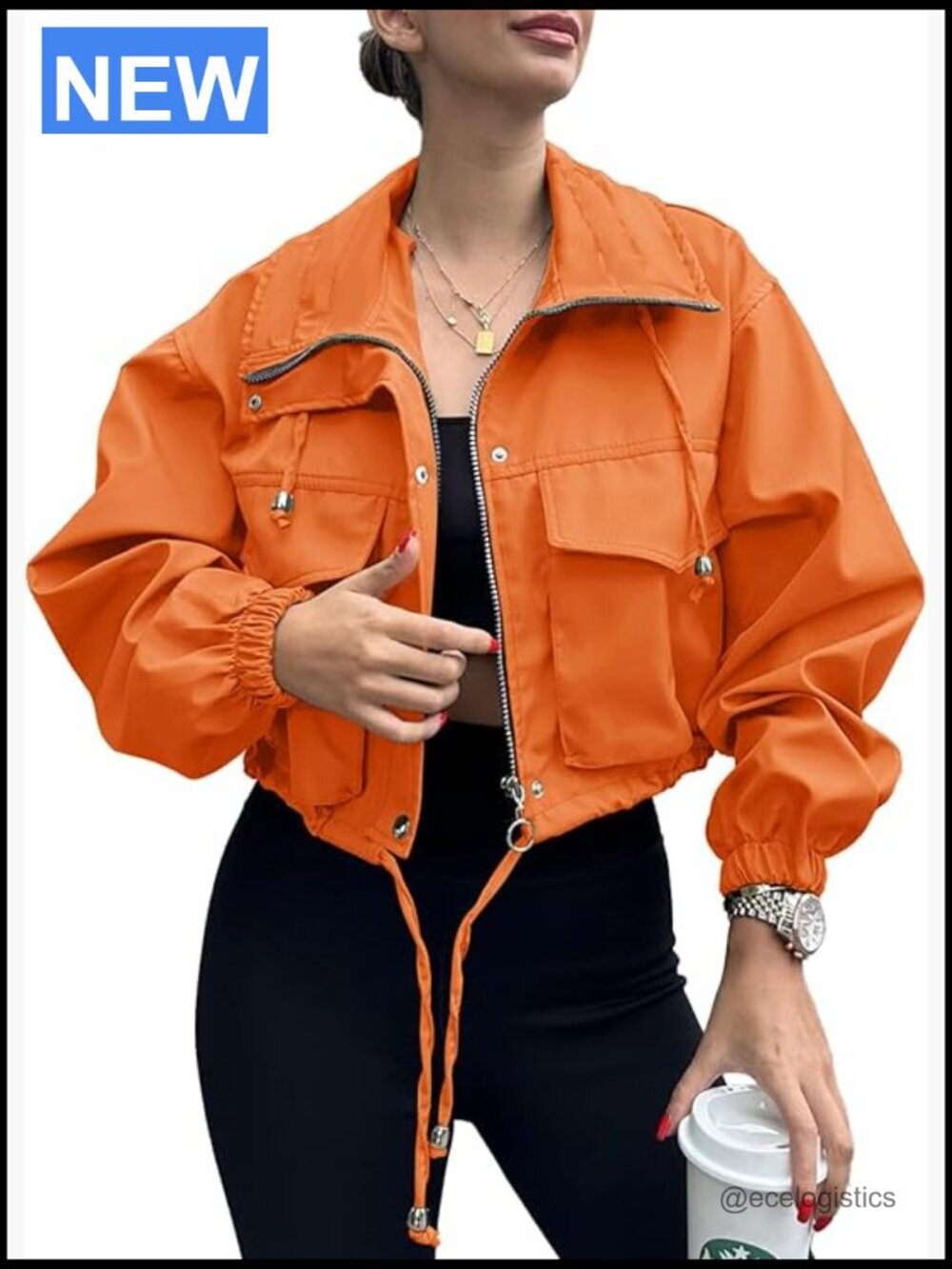Cropped Zip Up Utility Jacket Lightweight Anorak Coat Pockets